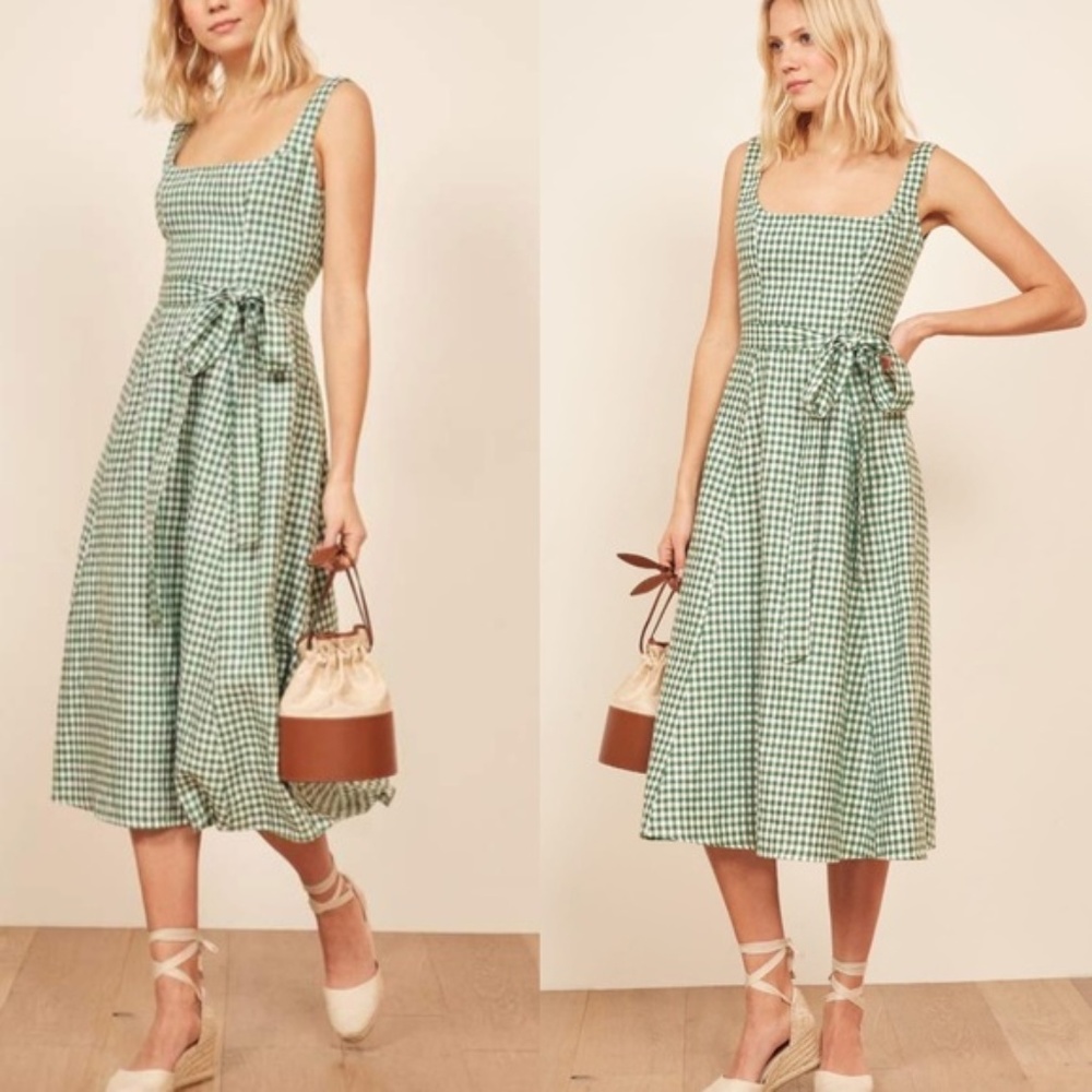 Reformation Garten Green Gingham Wrap Dress